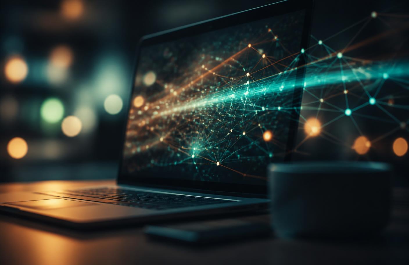 Laptop mit abstrakter Visualisierung von Datenströmen der Online-Werbung